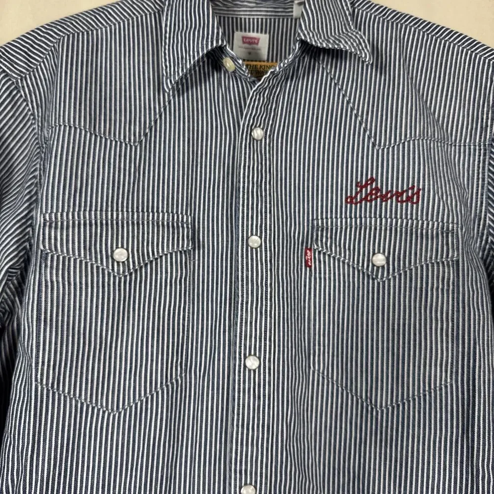 Levi’s Mens M Western Shirt Hickory Stripe Pearl Snap Denim Workwear Cowboy